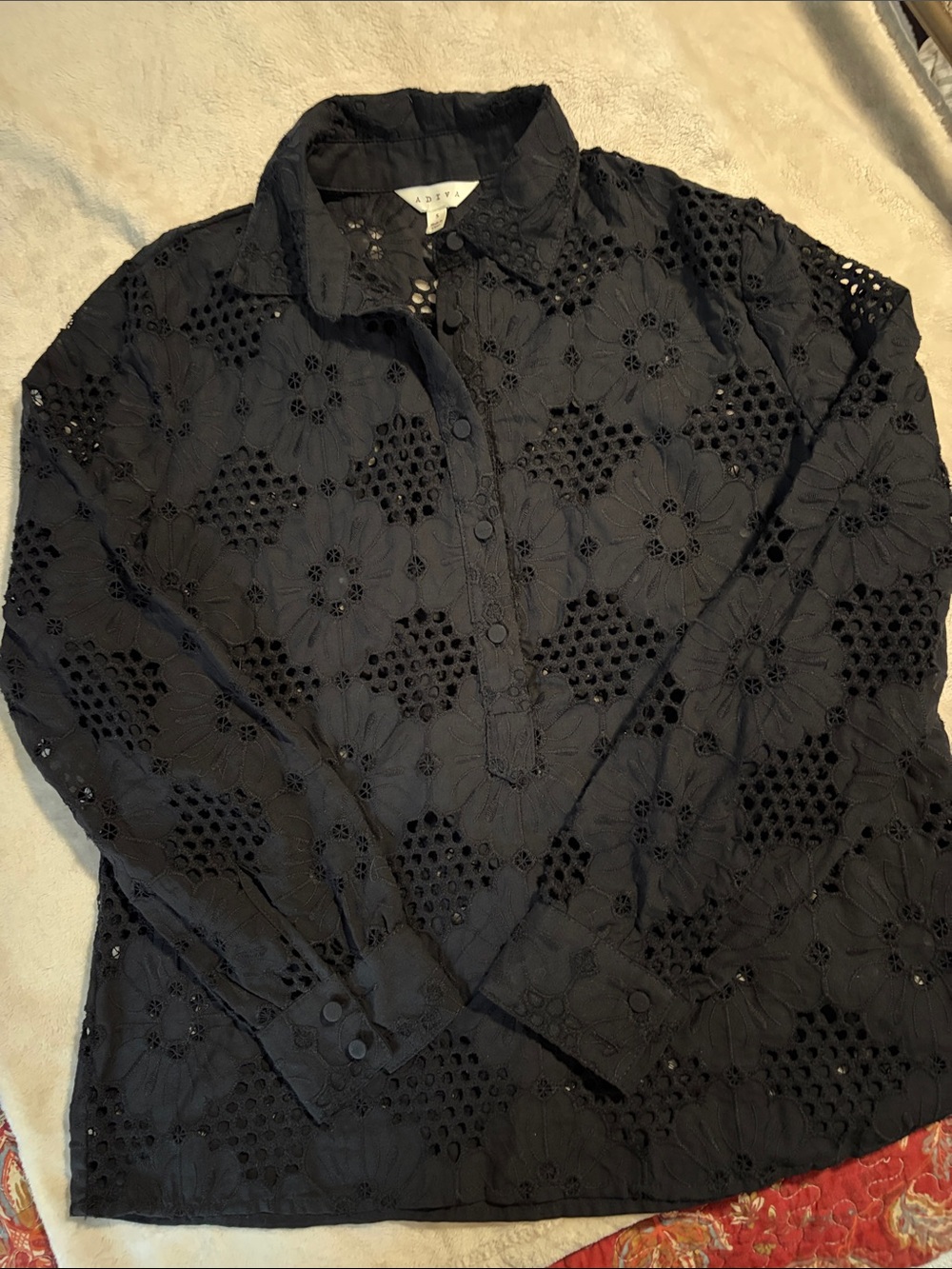 Adiva Black Floral Eyelet Pullover Shirt